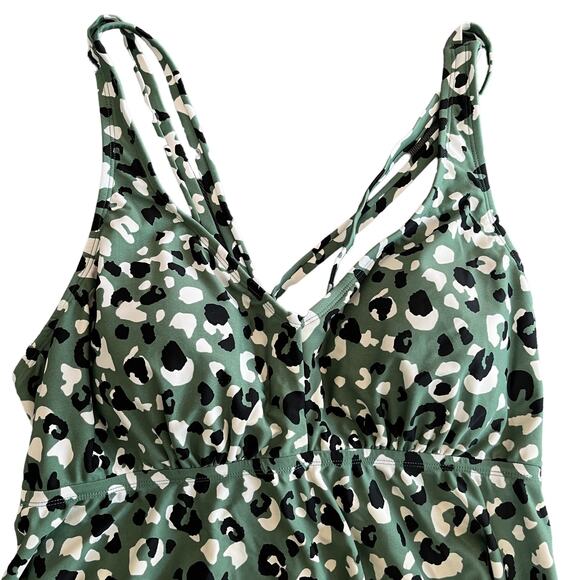 Kona Sol Tankini 2X Green Leopard Print Black High Waisted Coverage - Picture 10 of 16